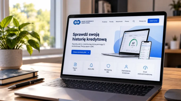 Laptop na biurku z otwartą stroną do sprawdzenia historii kredytowej i raportu BIK