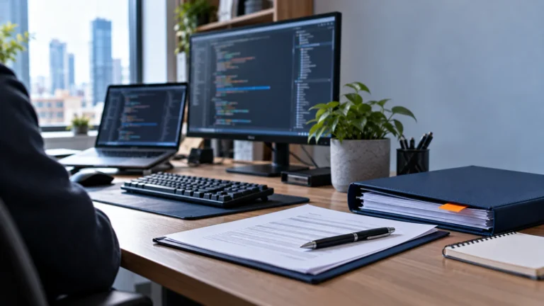 Stanowisko programisty z monitorem i laptopem, umowa B2B oraz segregator z fakturami na biurku