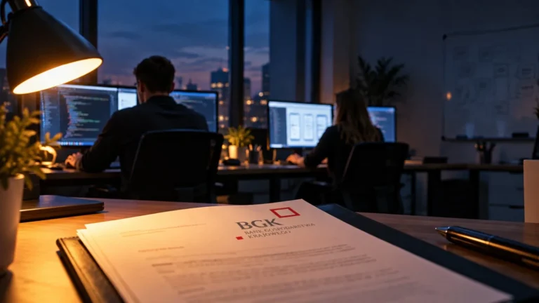 Zespół pracujący wieczorem nad wdrożeniem technologii, na biurku dokument dotyczący finansowania inwestycji